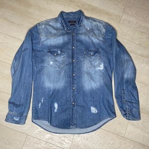 Zara Distressed Denim Button Down Shirt
